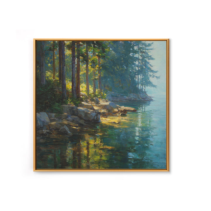 Sunlit Forest Lake With Reflections Landscape Wall Art, Nature Painting For Cabin Or Living Room, Canvas Print