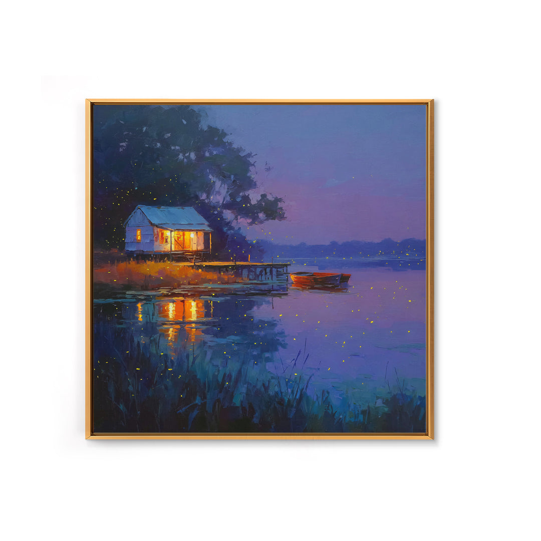 Cozy Lake Cabin At Dusk Framed Canvas Print, Fireflies Over Water Landscape Art, Rustic Wall Art For Cottage Or Living Room