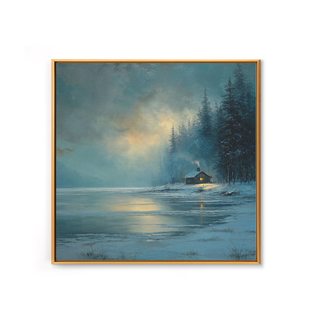 Cozy Winter Cabin By Frozen Lake Wall Art, Snowy Forest Landscape Framed Canvas Print, Rustic Cabin Decor, Calming Artwork