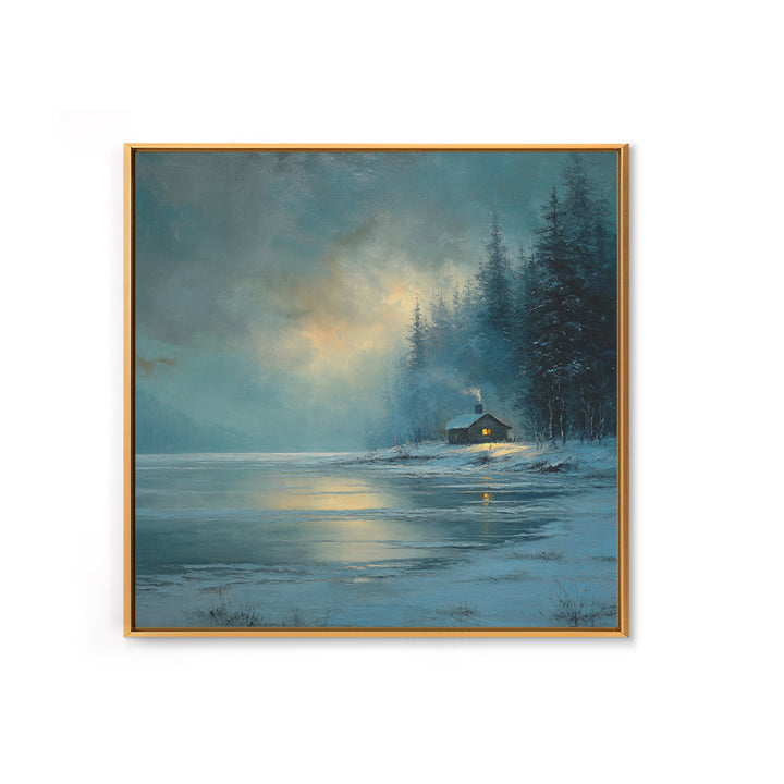 Cozy Winter Cabin By Frozen Lake Wall Art, Snowy Forest Landscape Framed Canvas Print, Rustic Cabin Decor, Calming Artwork
