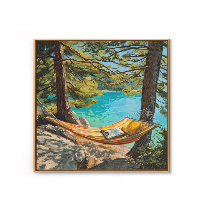 Hammock By Turquoise Lake Wall Art, Cozy Reading Nook In Pines Painting Print, Summer Cabin Home Decor Framed Canvas Print
