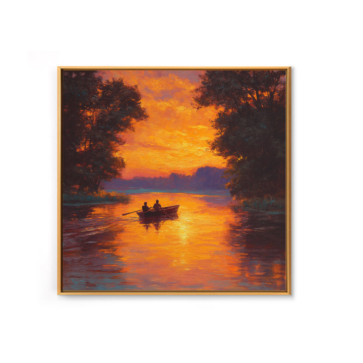 Couple Rowing Boat At Glowing Sunset Wall Art, Romantic Lake Landscape Canvas Print, Warm Living Room Home Decor