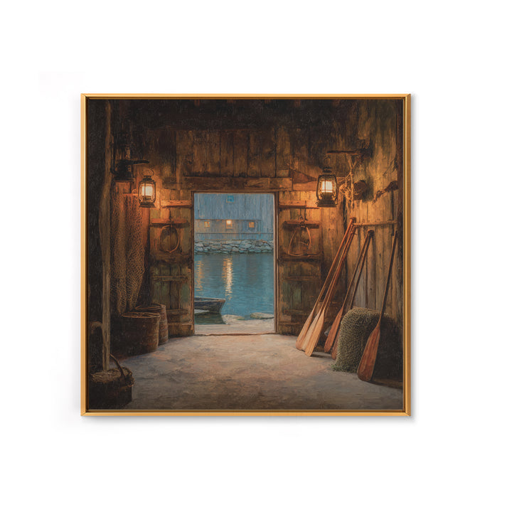 Warm Boat House Interior With Lanterns At Dusk Wall Art, Rustic Nautical Home Decor, Coastal Lake Framed Canvas Print