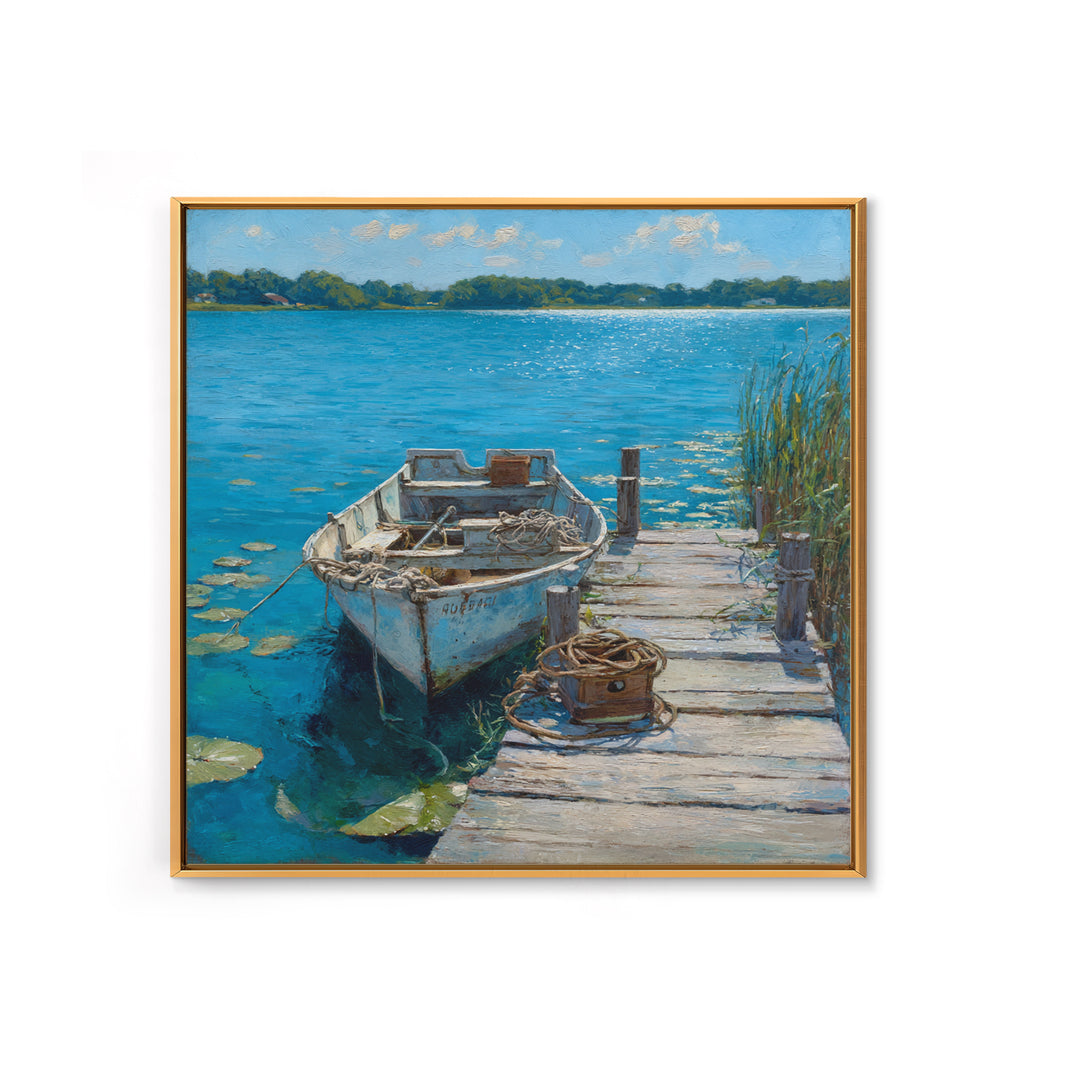 Serene Rowboat Lake Landscape Wall Art For Beach House Decor, Coastal Seascape Canvas Print, Nautical Living Room Artwork