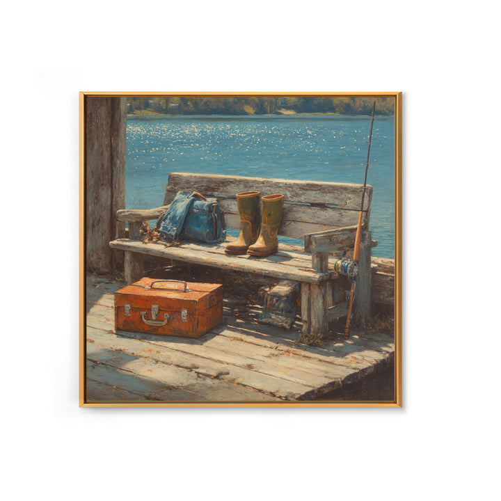 Rustic Fishing Dock Bench Wall Art, Lake Cabin Waterfront Canvas Print, Coastal Country Home Decor