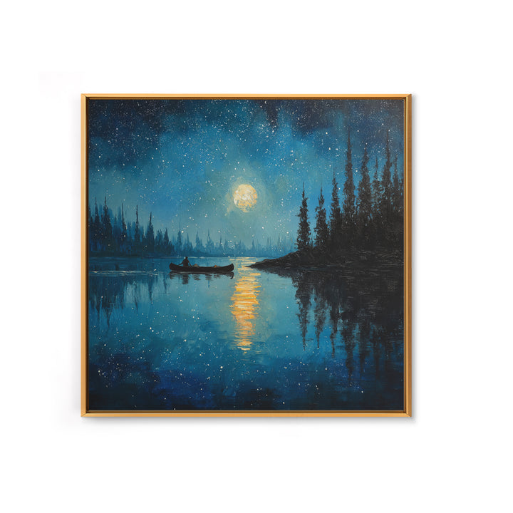 Moonlit Lake Canoe Night Landscape Wall Art, Starry Sky Reflection Print, Calming Nature Decor For Bedroom Wall Art