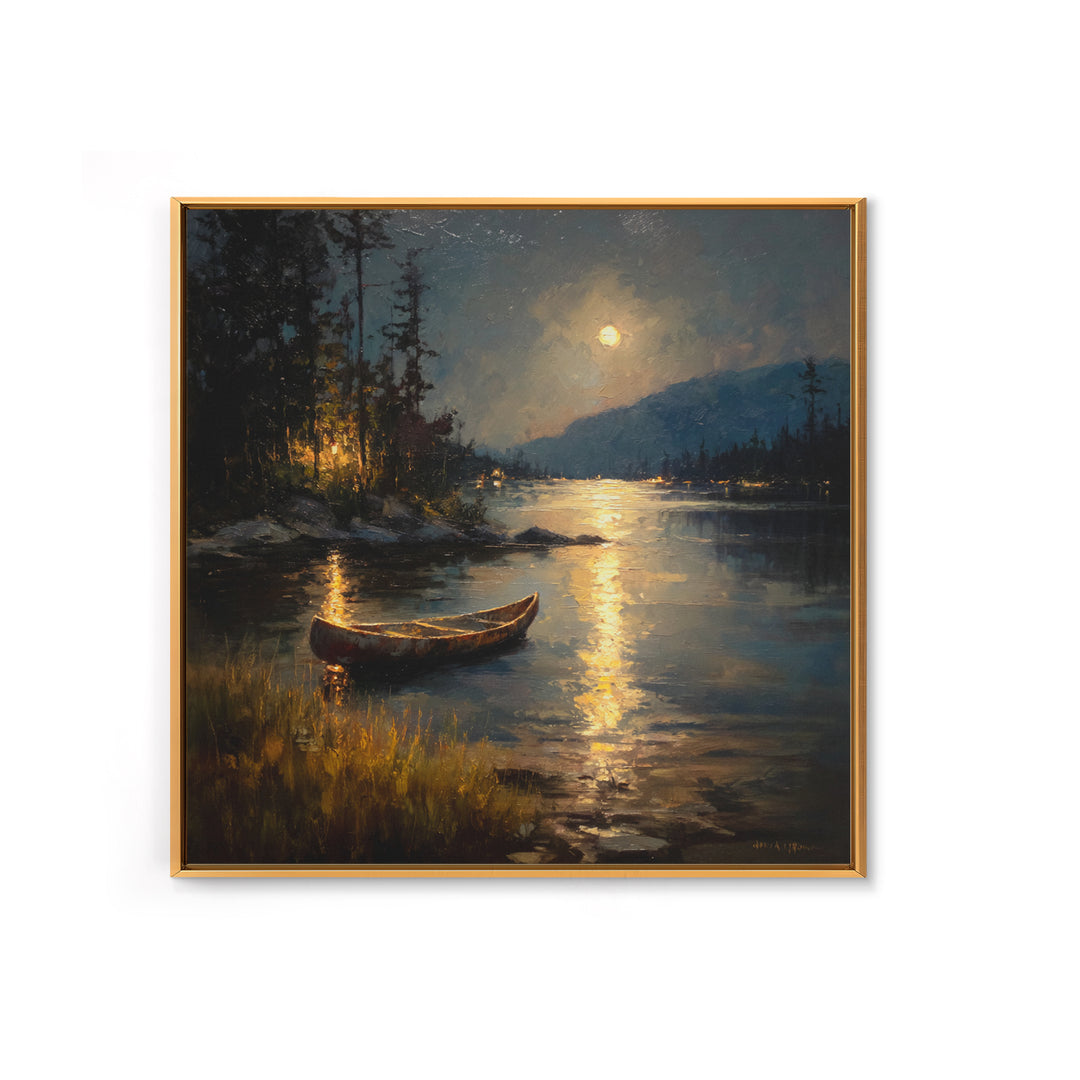 Moody Moonlit Lake Canoe Wall Art, Romantic Night Landscape Print, Rustic Cabin Decor, Calming Nature Art For Bedroom Or Living Room