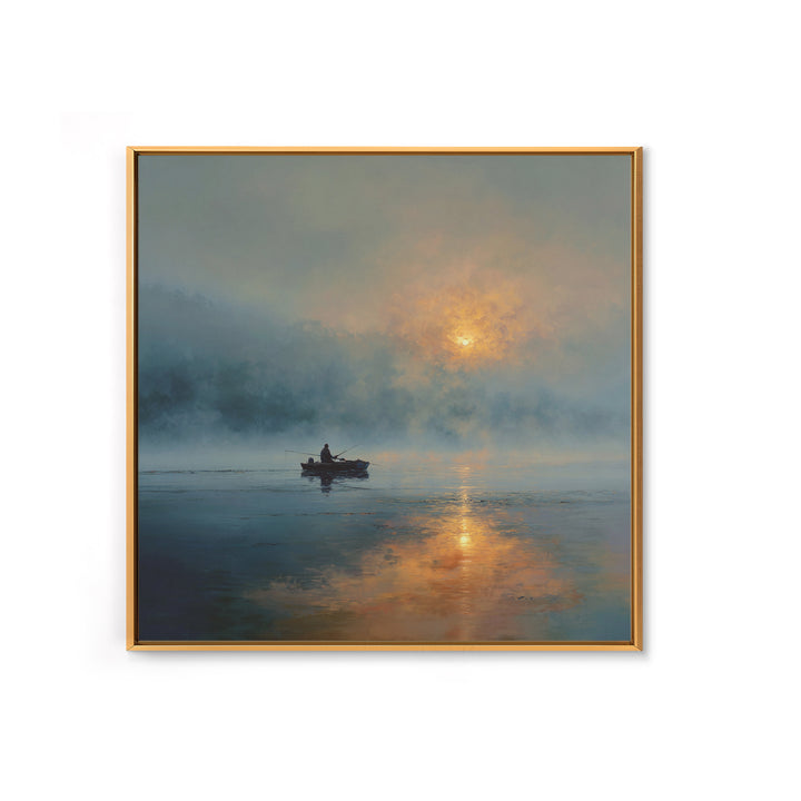 Misty Lake Sunrise Fisher In Boat Landscape Wall Art, Calming Nature Canvas Print, Modern Home Decor Living Room Art