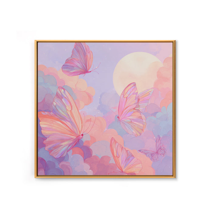 Pastel Pink Butterflies Moon Wall Art, Dreamy Celestial Canvas Print, Coquette Nursery Decor, Whimsical Bedroom Art Gift For Her
