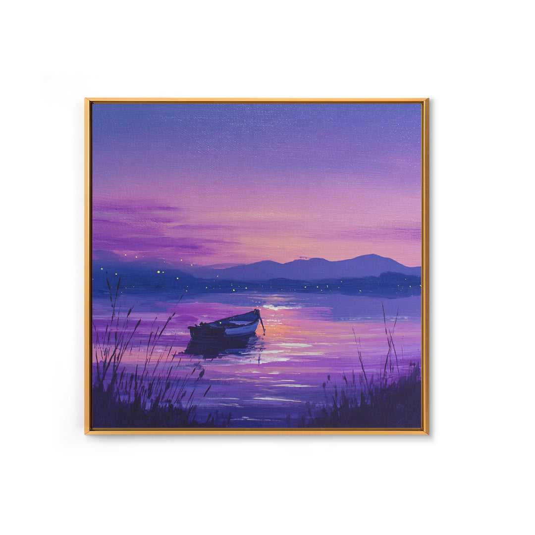 Purple Twilight Lake Boat Wall Art, Serene Sunset Landscape Canvas Print For Living Room Decor, Calming Modern Home Decor