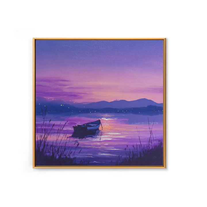 Purple Twilight Lake Boat Wall Art, Serene Sunset Landscape Canvas Print For Living Room Decor, Calming Modern Home Decor
