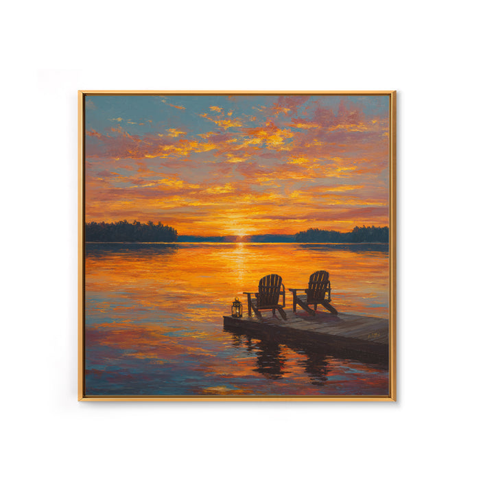 Lakeside Sunset With Adirondack Chairs Painting Wall Art, Romantic Lake Landscape Print, Cozy Cabin Summer Home Decor