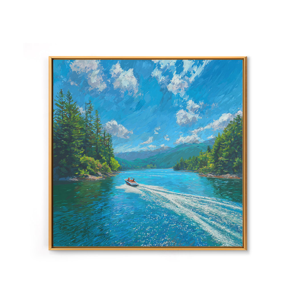 Boat On Mountain Lake Impressionist Landscape Wall Art, Turquoise Lake Painting Print, Nature Wall Art For Living Room Decor
