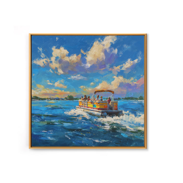 Sunny Boat Day Lake Oil Painting Wall Art, Colorful Coastal Art Print, Nautical Home Decor, Beach House Living Room Wall Art