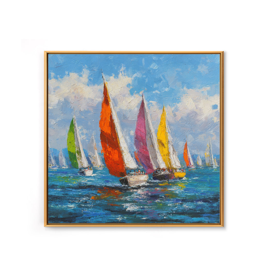 Colorful Sailboats Seascape Oil Painting Wall Art, Coastal Abstract Ocean Canvas Print, Beach House Decor Modern Nautical Art