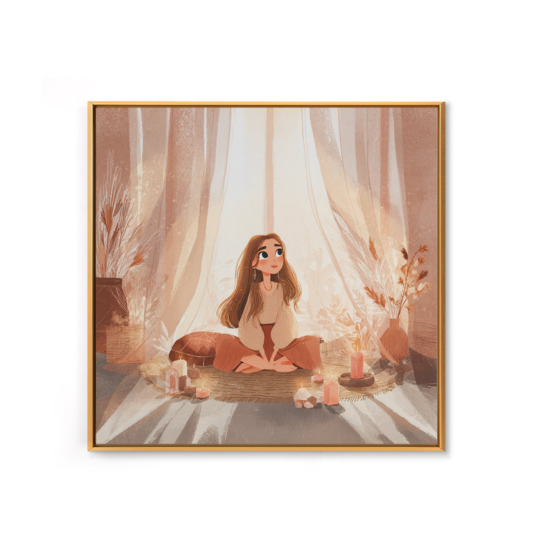 Cozy Meditation Girl With Candles Wall Art, Boho Spiritual Yoga Room Decor, Mindfulness Print, Peaceful Home Decor, Gift For Her