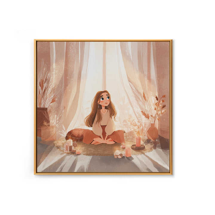 Cozy Meditation Girl With Candles Wall Art, Boho Spiritual Yoga Room Decor, Mindfulness Print, Peaceful Home Decor, Gift For Her
