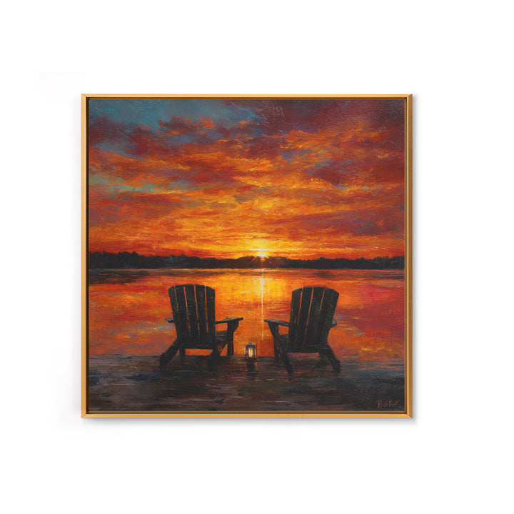 Romantic Lake Sunset Chairs Wall Art For Living Room Decor, Cozy Sunset Painting Canvas Print, Peaceful Landscape Art
