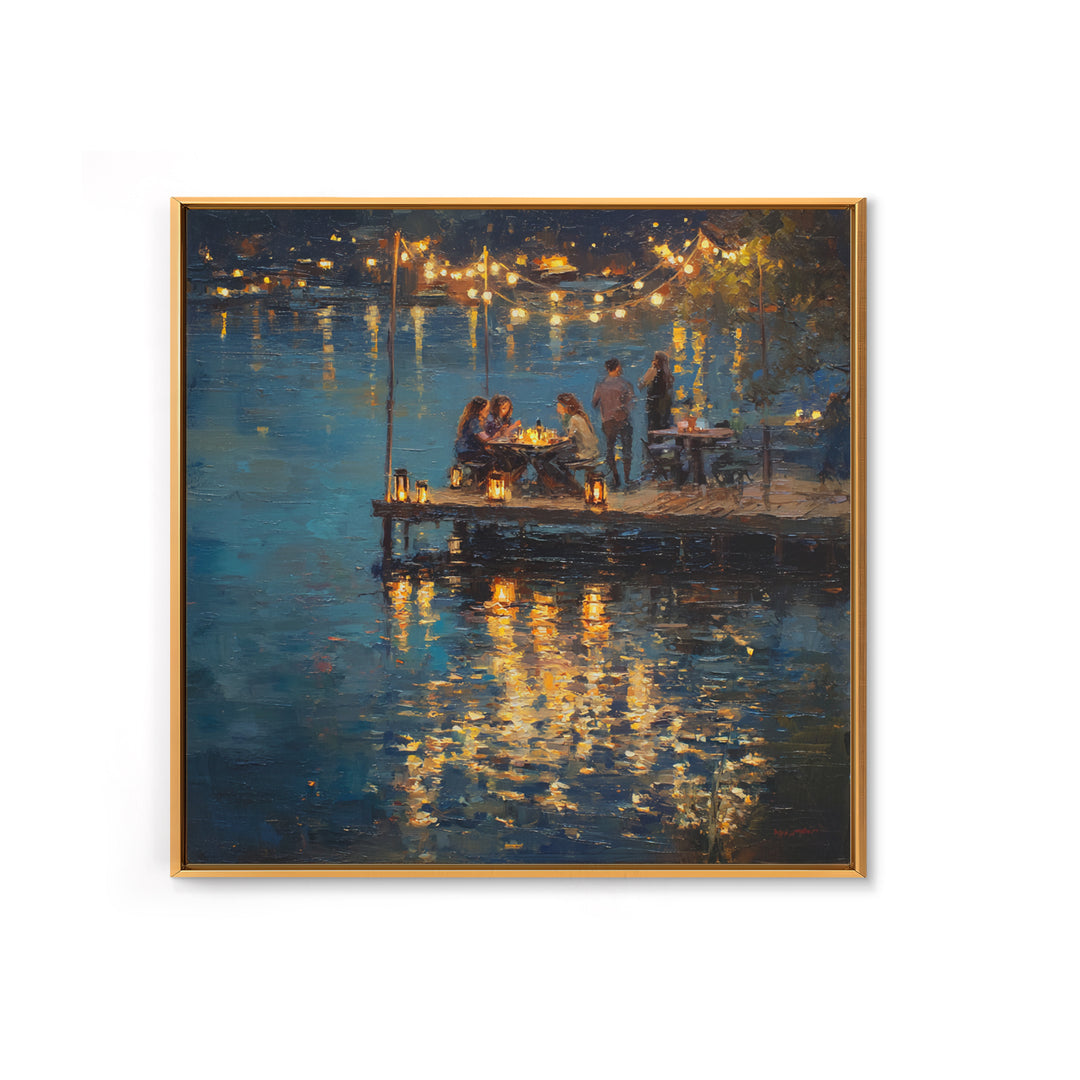 Romantic Lakeside Dinner Painting Wall Art, Warm Night Dock Scene Framed Canvas Print, Cozy Living Room And Dining Decor