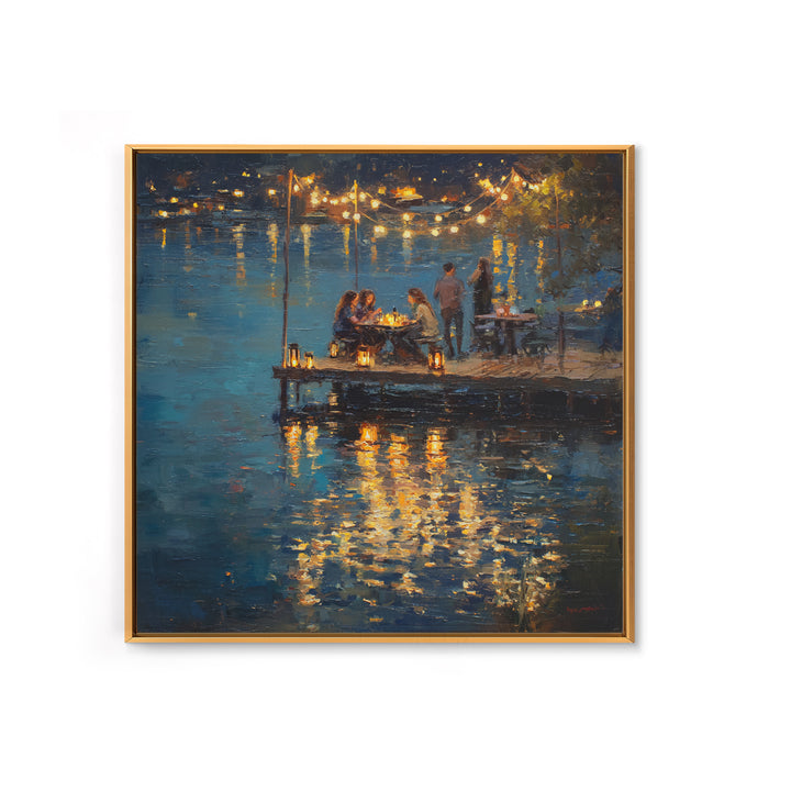 Romantic Lakeside Dinner Painting Wall Art, Warm Night Dock Scene Framed Canvas Print, Cozy Living Room And Dining Decor