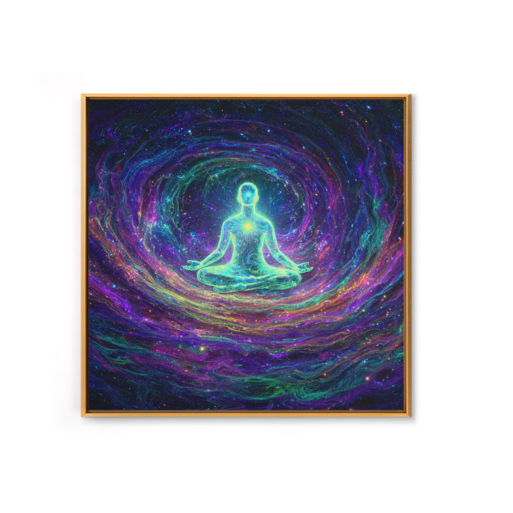 Glowing Figure Meditating In Cosmic Swirl Wall Art, Psychedelic Galaxy Canvas Print, Spiritual Mystical Home Decor
