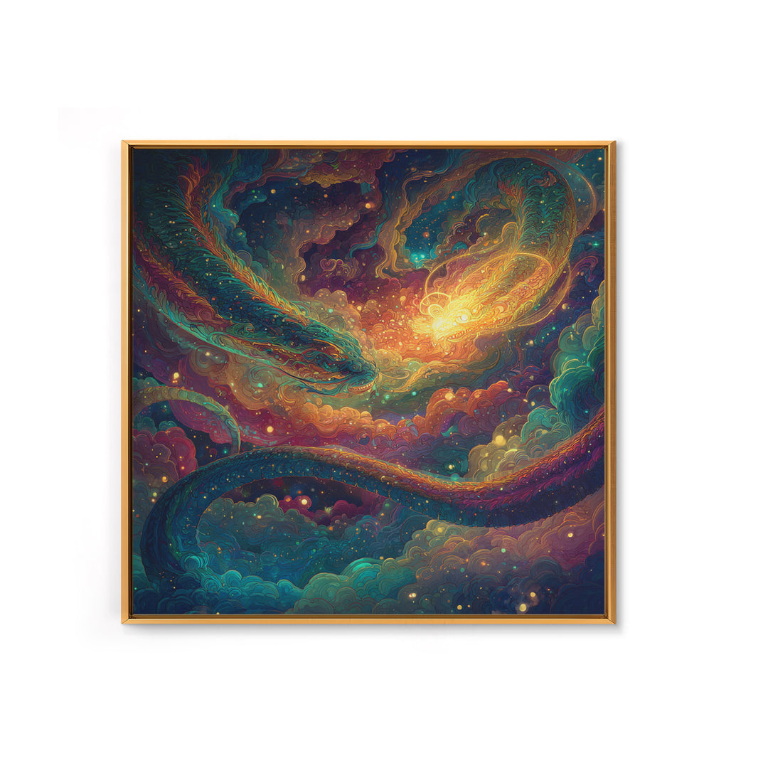 Cosmic Dragon And Phoenix Fantasy Wall Art, Colorful Celestial Galaxy Framed Canvas Print, Mystical Surreal Home Decor