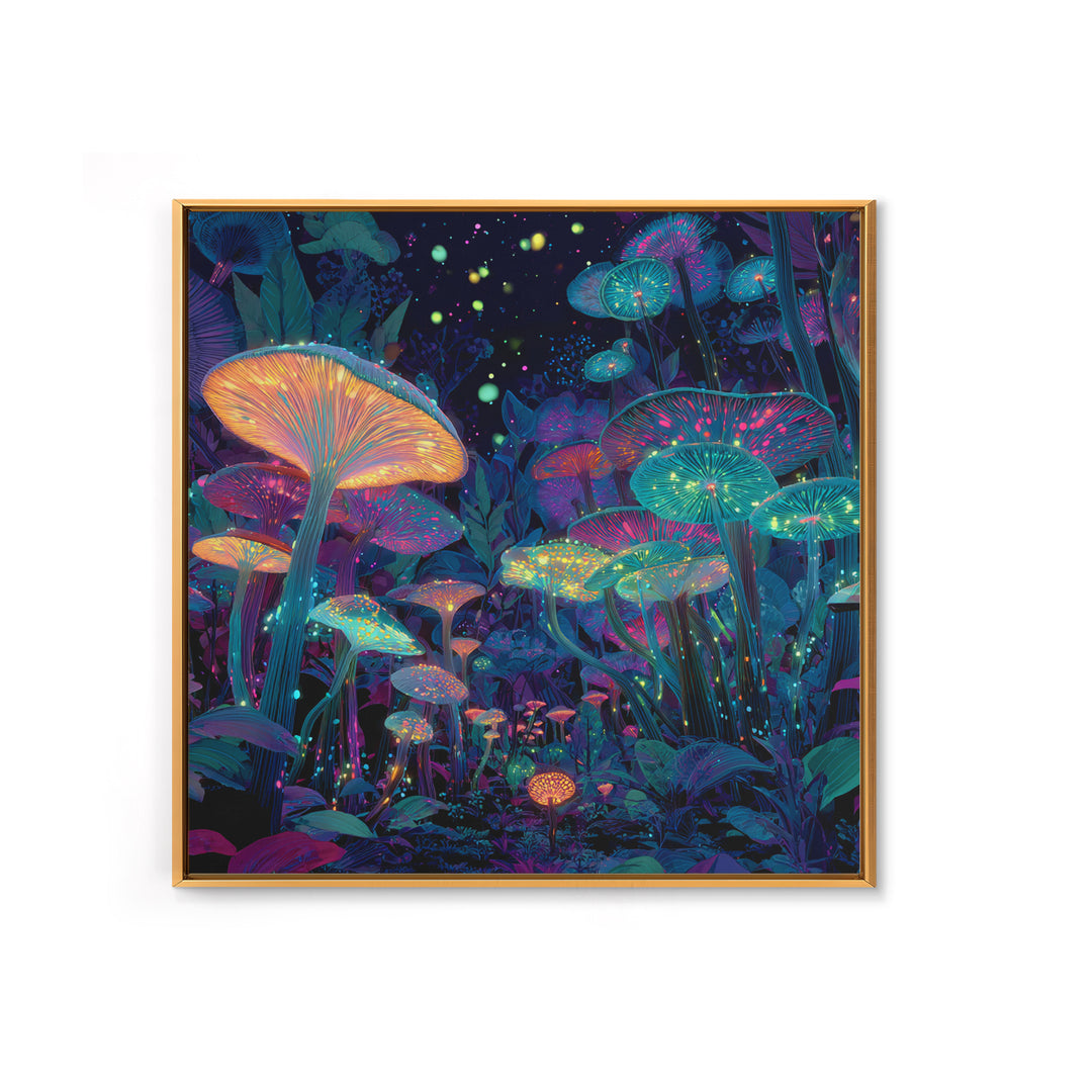 Glowing Mushrooms Fantasy Forest Wall Art, Whimsical Night Garden Painting, Colorful Nature Art Print, Magical Canvas Print