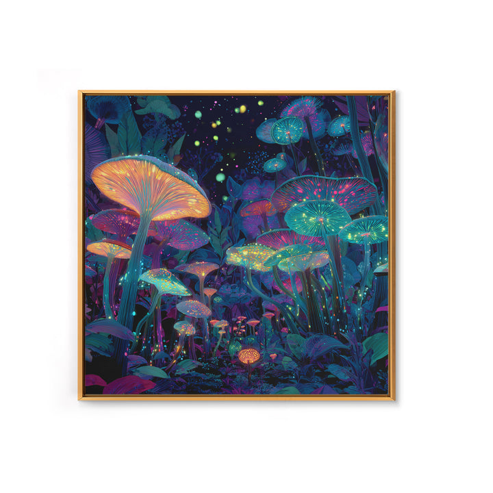 Glowing Mushrooms Fantasy Forest Wall Art, Whimsical Night Garden Painting, Colorful Nature Art Print, Magical Canvas Print