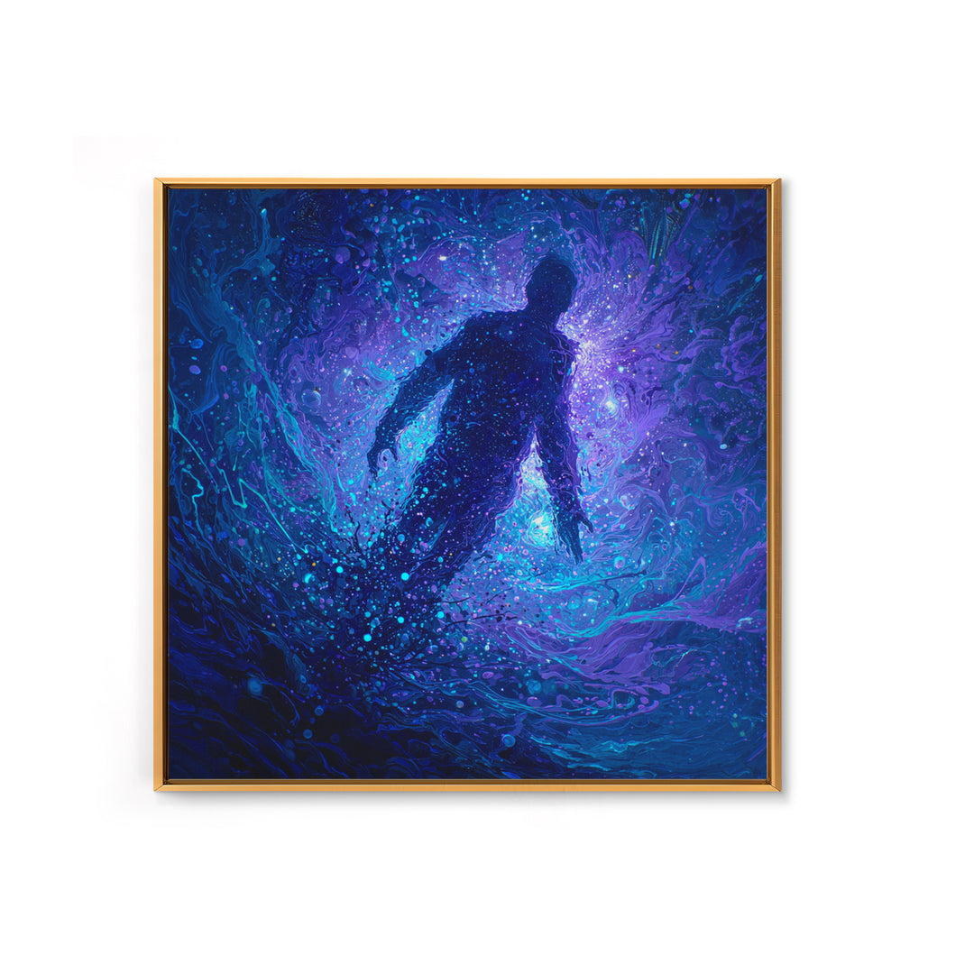 Surreal Figure Floating In Cosmic Blue Swirl Canvas Print, Abstract Space Art, Mystical Wall Art For Modern Living Room Decor