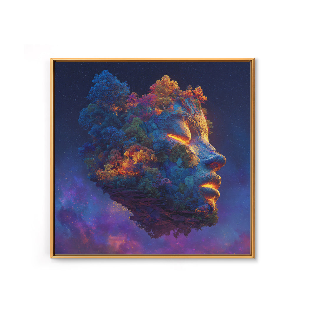Cosmic Mother Earth Face Wall Art, Fantasy Floating Island Landscape Canvas Print, Vibrant Galaxy Home Decor