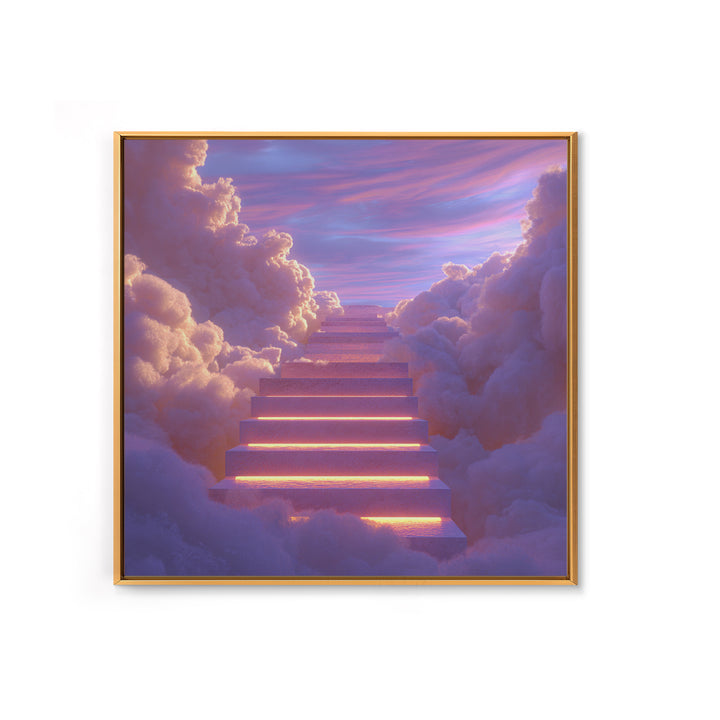 Glowing Stairway Through Pastel Clouds Wall Art, Dreamy Celestial Canvas Print, Calming Bedroom Decor For Nursery And Meditation Room