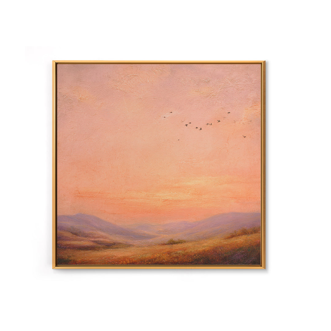 Peach Sunset Valley Landscape Wall Art, Textured Oil Painting Print, Warm Nature Decor, Large Living Room Canvas Wall Decor