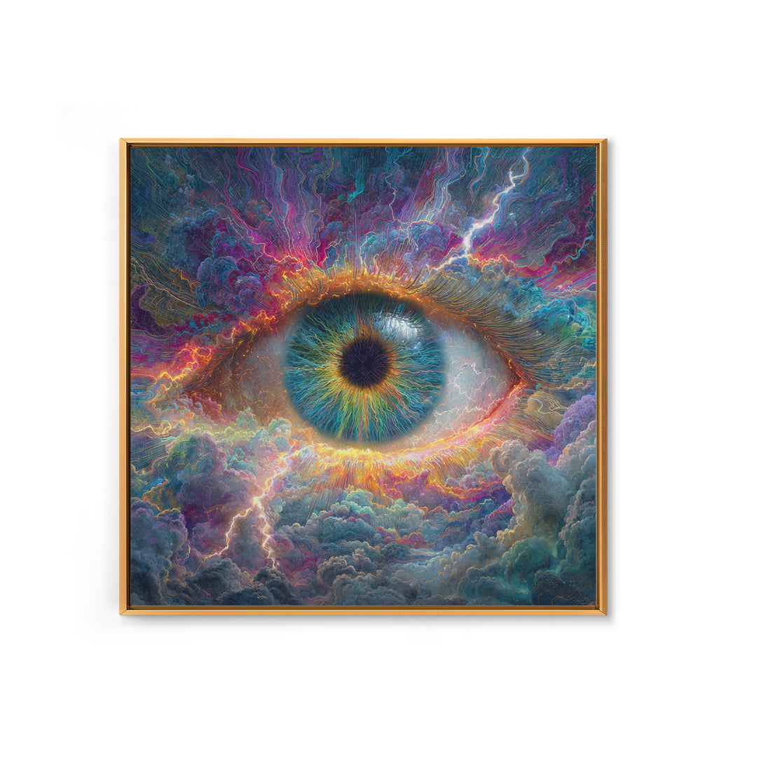 Cosmic Eye In Storm Clouds Framed Canvas Print, Surreal Celestial Wall Art, Psychedelic Visionary Decor For Office And Living Room