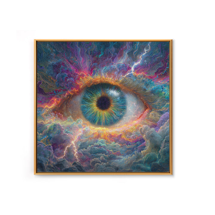 Cosmic Eye In Storm Clouds Framed Canvas Print, Surreal Celestial Wall Art, Psychedelic Visionary Decor For Office And Living Room