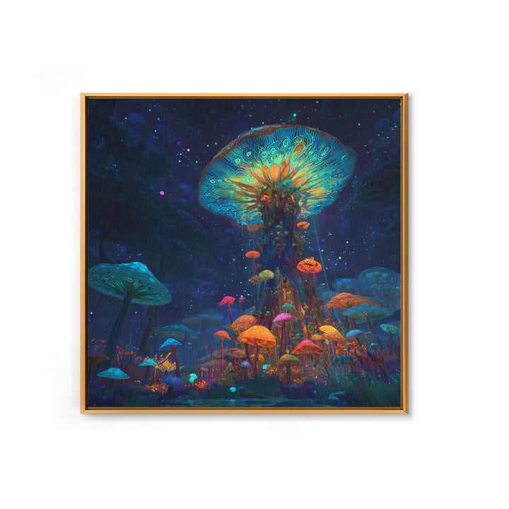 Enchanted Bioluminescent Mushroom Forest Wall Art, Vibrant Fantasy Landscape Canvas Print, Whimsical Nature Home Decor