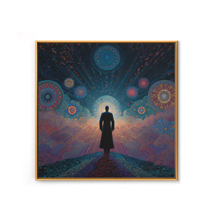 Mystical Figure Under Cosmic Sky Wall Art, Psychedelic Galaxy Path Print, Spiritual Visionary Surreal Art Canvas Print