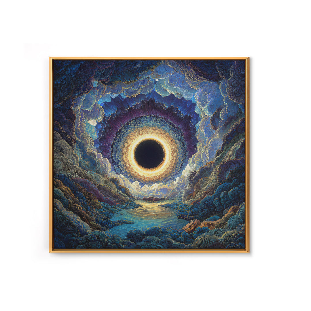 Mystic Solar Eclipse Over Blue Valley Framed Canvas Print, Celestial Landscape Wall Art, Moody Fantasy Home Decor For Bedroom