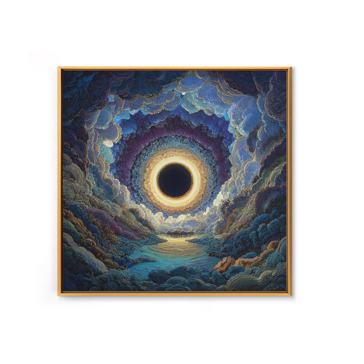 Mystic Solar Eclipse Over Blue Valley Framed Canvas Print, Celestial Landscape Wall Art, Moody Fantasy Home Decor For Bedroom