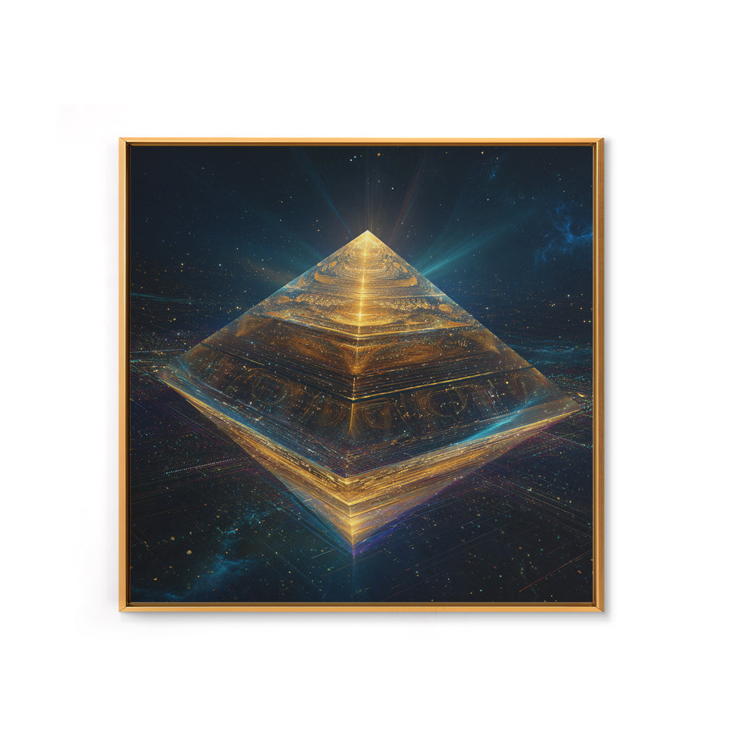 Golden Futuristic Pyramid In Galaxy Surreal Space Wall Art, Cosmic Sci Fi Home Decor, Modern Canvas Print