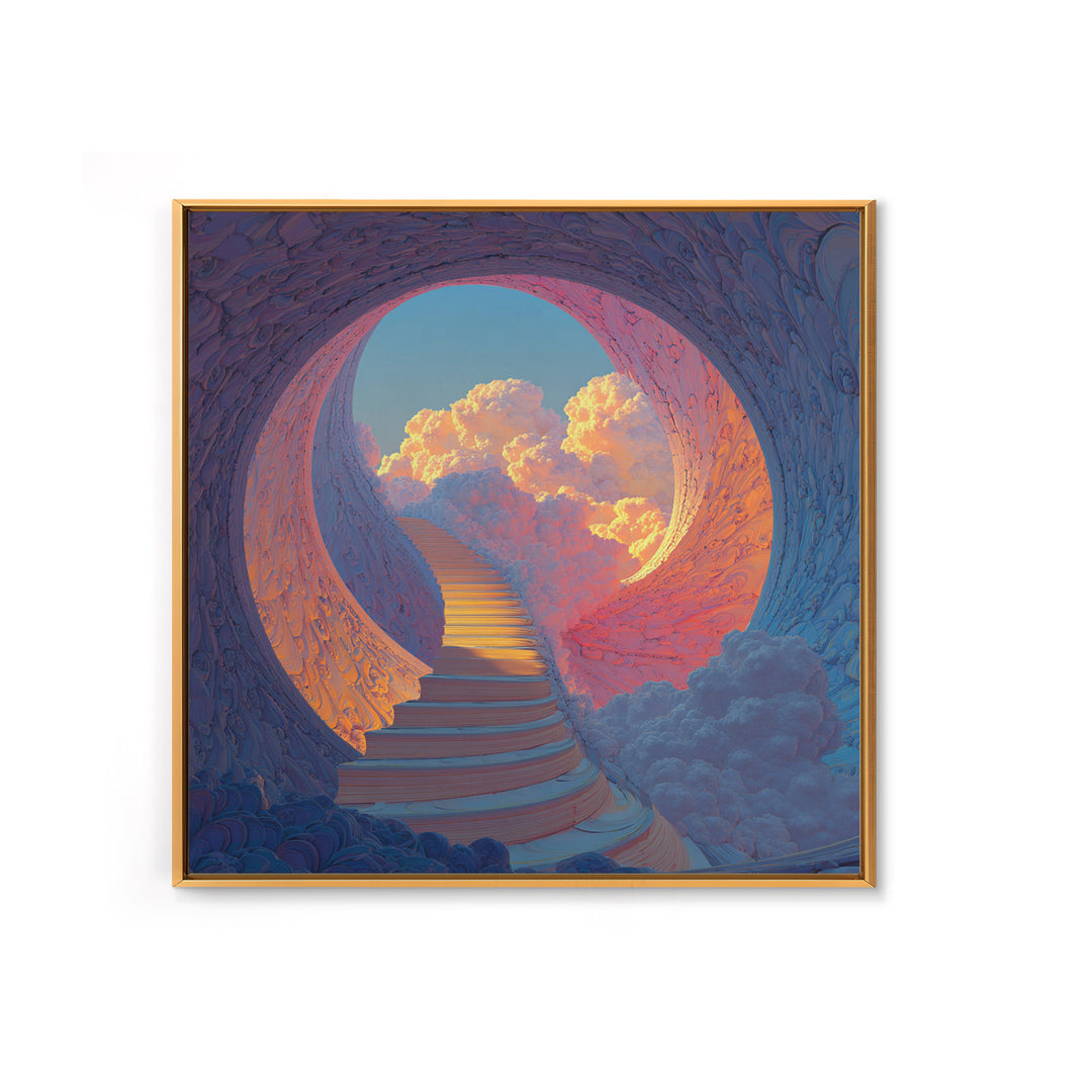 Heavenly Stairway To Clouds Wall Art, Dreamy Fantasy Landscape Canvas Print, Calming Surreal Art For Bedroom Decor