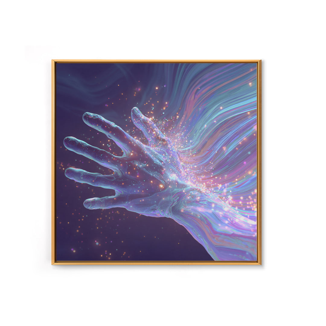 Iridescent Hand With Sparkles Surreal Wall Art, Futuristic Abstract Canvas Print For Modern Office Decor And Gamer Room