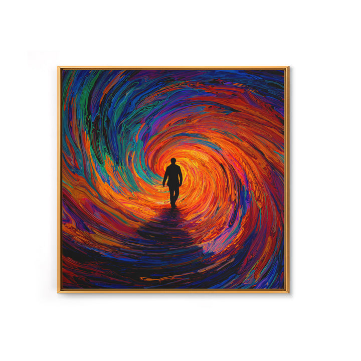Man Walking Into Vortex Abstract Wall Art, Colorful Surreal Tunnel Painting, Modern Abstract Art Print, Statement Canvas Print