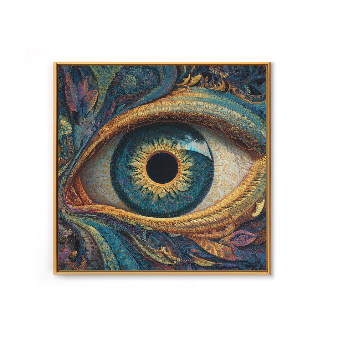 Surreal Golden Eye With Intricate Abstract Patterns Wall Art, Mystical Fantasy Canvas Print For Modern Home Decor