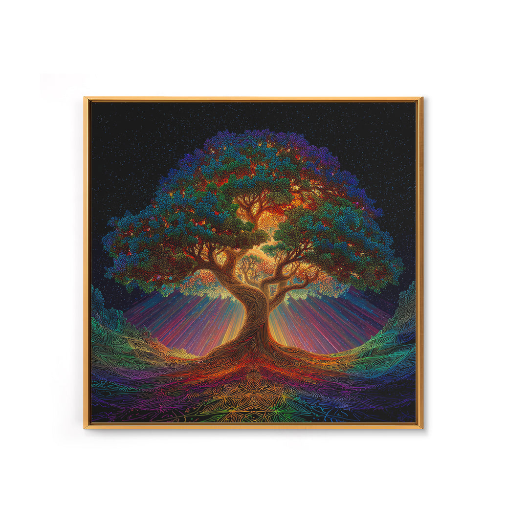 Rainbow Tree Of Life Under Starry Sky Psychedelic Landscape Wall Art Canvas Print Boho Spiritual Home Decor