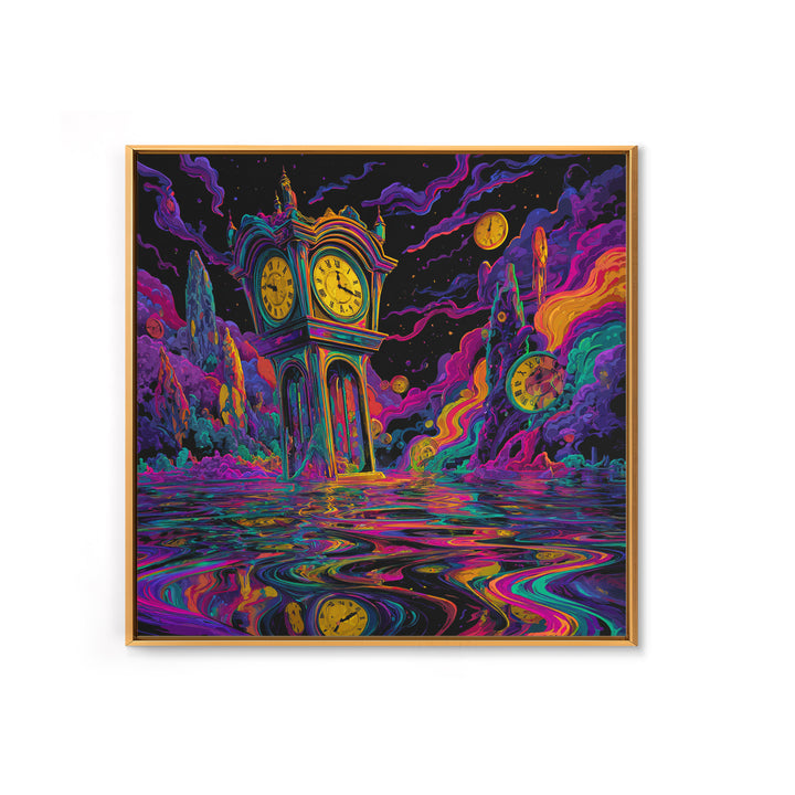 Surreal Neon Clock Dreamscape Wall Art, Psychedelic Abstract Landscape Canvas Print, Colorful Trippy Home Decor