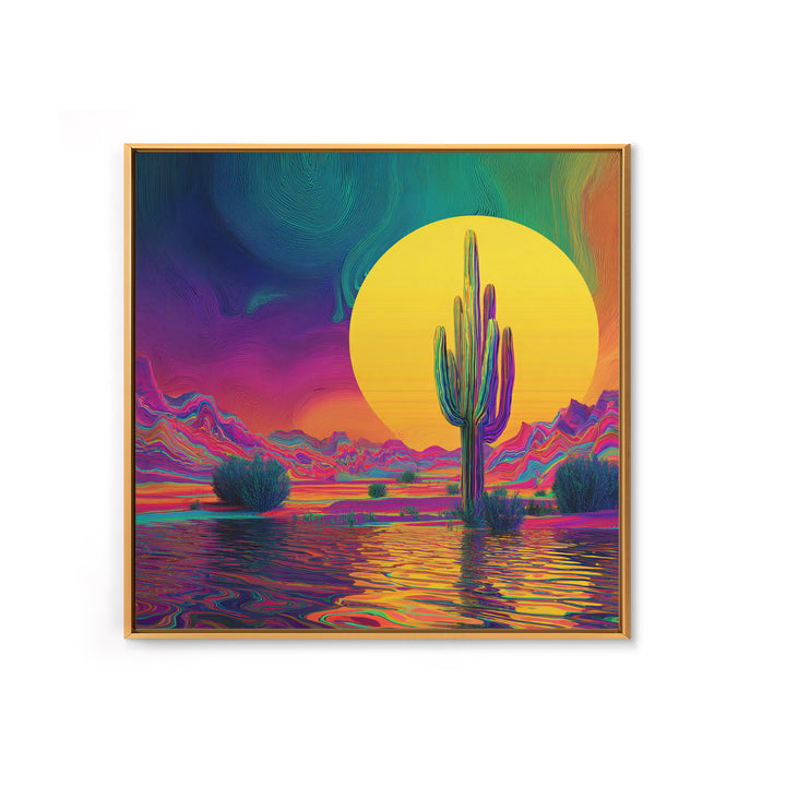 Psychedelic Desert Cactus Wall Art, Vibrant Sunset Landscape Canvas Print, Colorful Boho Western Home Decor