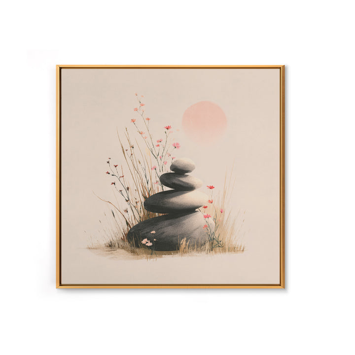Zen Stacked Stones And Wildflowers Wall Art, Minimalist Meditation Canvas Print, Japandi Spa Decor, Calming Gift For Her