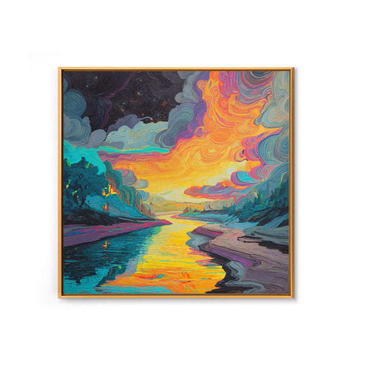 Psychedelic River Sunset Wall Art, Colorful Abstract Landscape Painting, Modern Boho Home Decor, Living Room Canvas Print