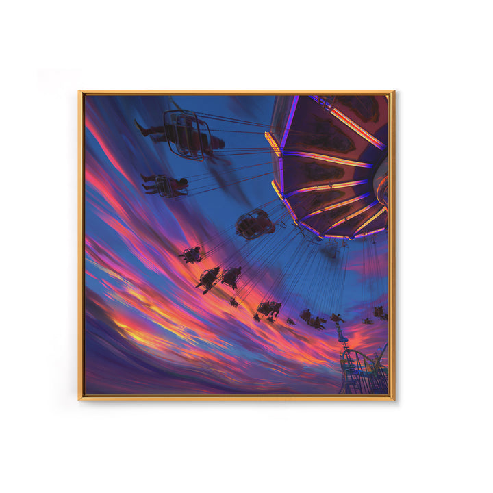 Dynamic Amusement Park Swing Ride Sunset Scene Vibrant Abstract Wall Art Framed Canvas Print For Living Room