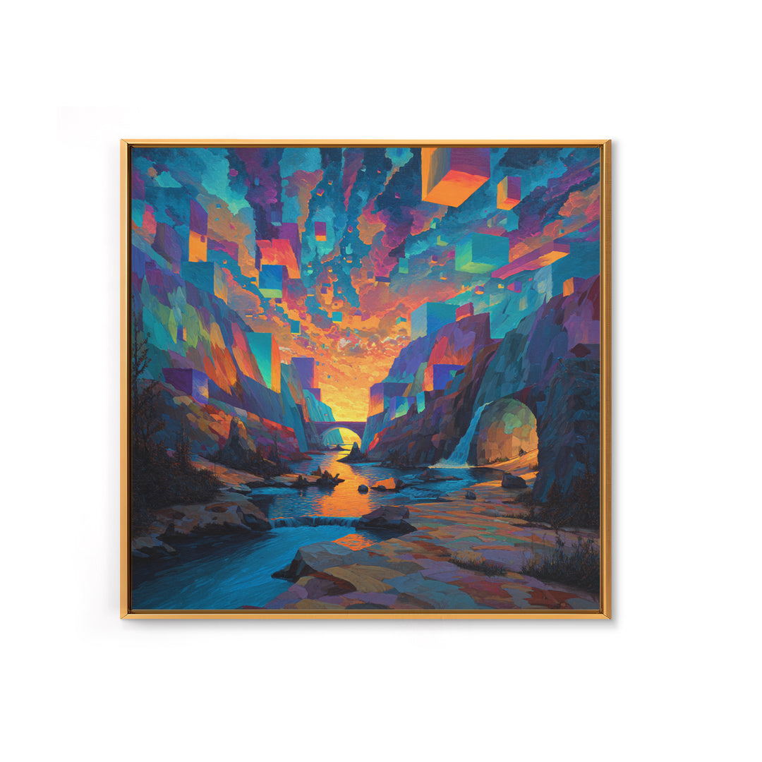 Surreal Canyon With Floating Cubes Canvas Print, Colorful Abstract Landscape Wall Art, Fantasy Home Decor, Modern Art Gift